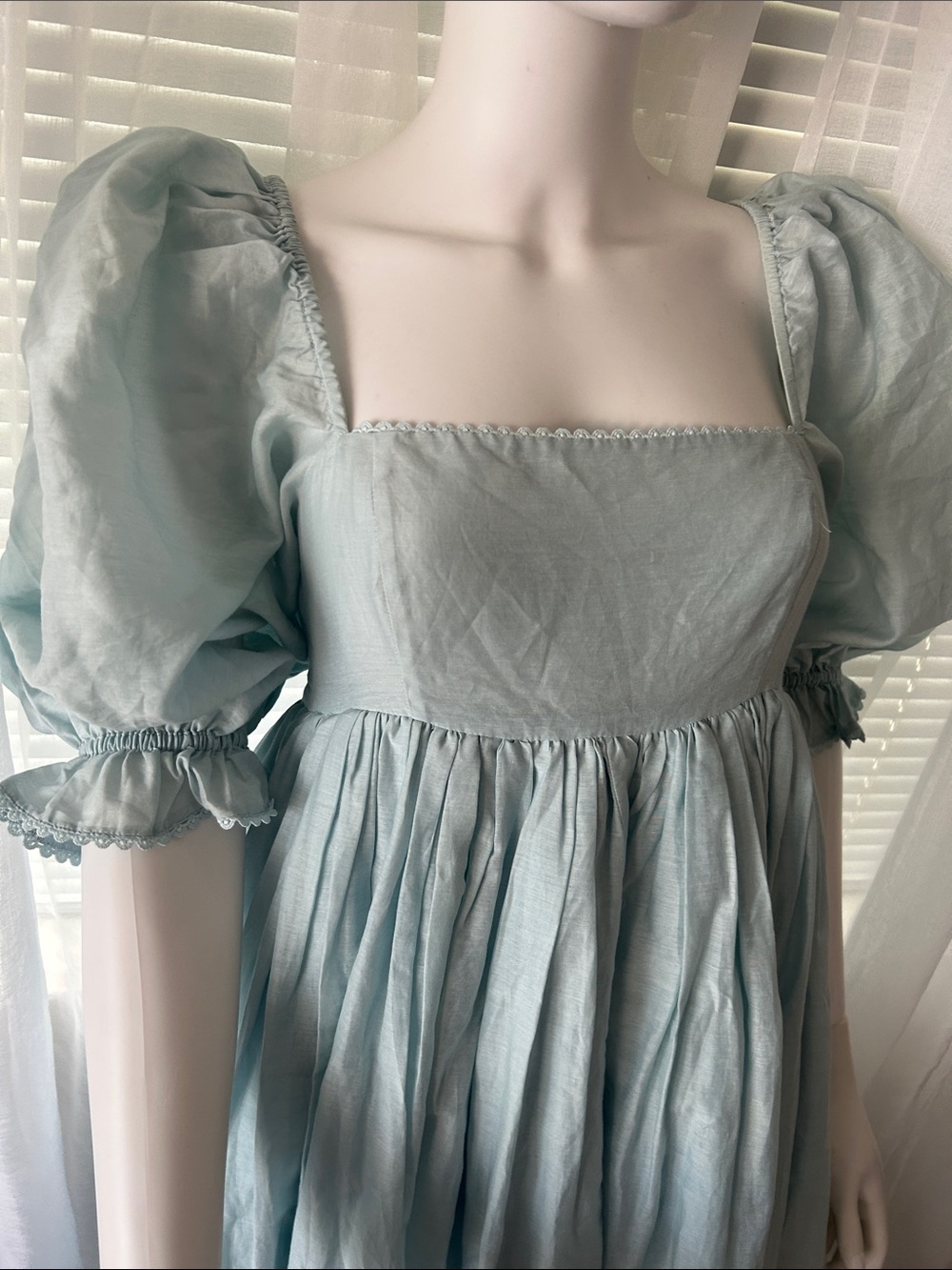 Selkie Light Blue Smocked Square-Neck Puff Sleeve Midi Dress - Picture 4 of 15